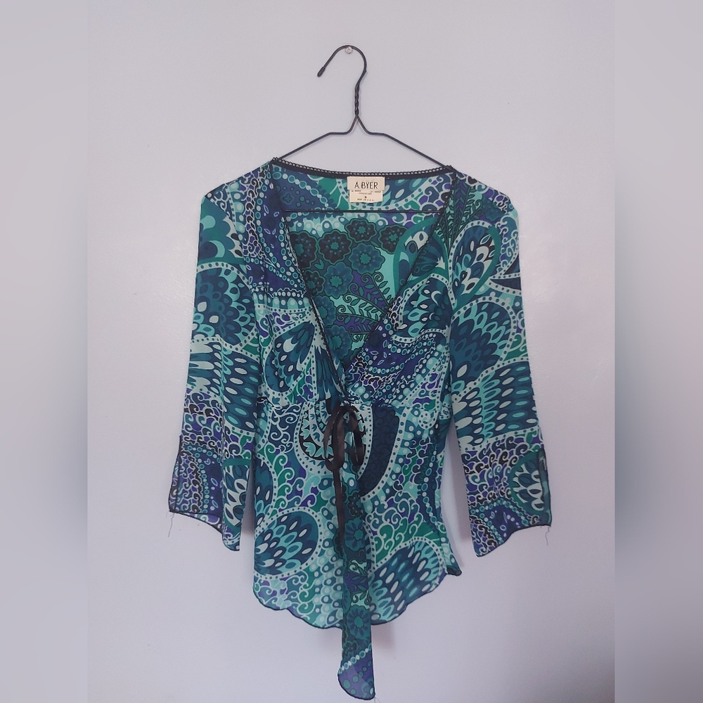 A. Byer Blue and Green Tie Front Blouse with Sailor Collar